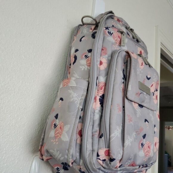 JuJuBe Be Right Back Multi-Function Diaper Backpack Floral Gray Multi Zip Pocket - Picture 5 of 16